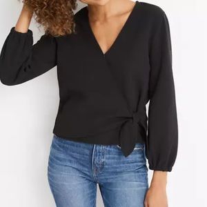 Madewell Texture & Thread Crepe Wrap Top In Black, Size Small